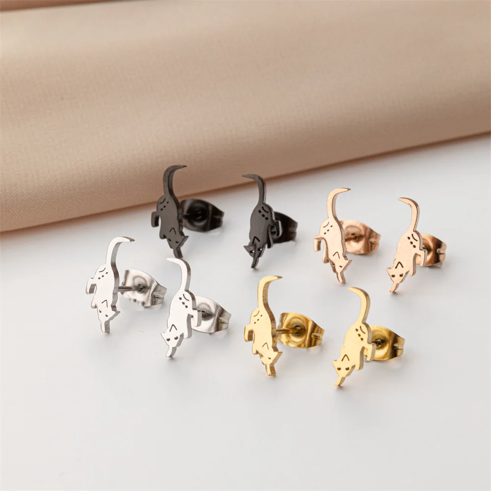 Shuangshuo 1 Pair Cute Walking Cat Stud Earring for Women Small Earrings Lovely Kitten Stainless Steel Jewelry Gift 2024 Trendy