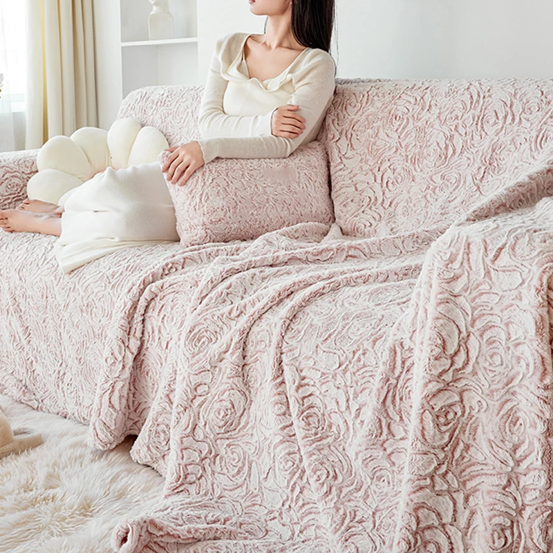 

Plush Sofa Cover Vintage Rose Elegant Blanket Imitation Rabbit Velvet Full-Cover Dust Cover Sofa Cushion Home Non-Slip Carpet