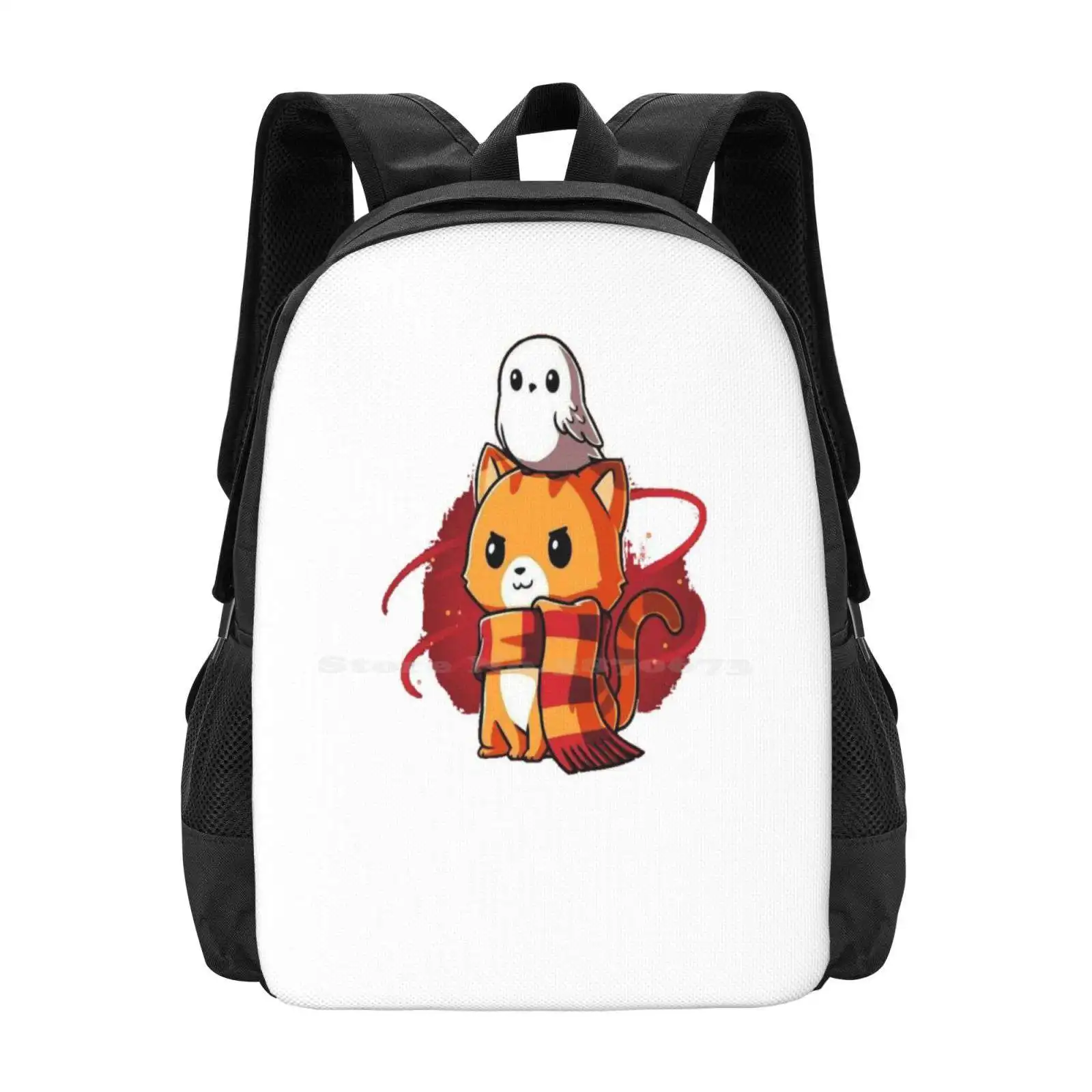 Magic Cat And Owl Pattern Design Laptop Travel School Bags Magic Owl White Owl Cat Lover Ginger Cat Owl Face Magician Magical