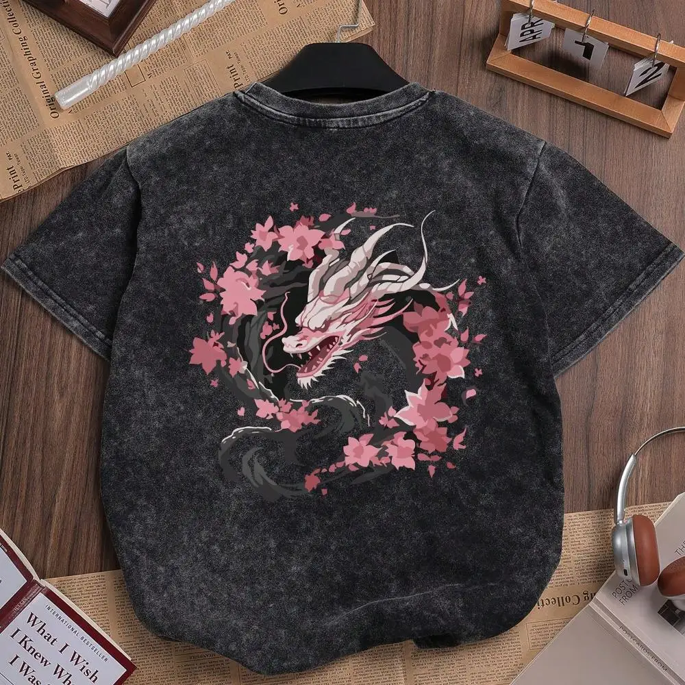 Es Trus, Cotton, Summer Women s Fun Print Hip-Hop Flower Chinese Loong Personalized Pattern Print Street, Korean Version Comfortable Retro Fashio