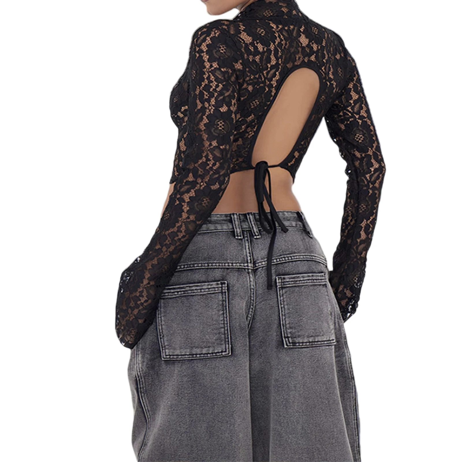 Women Sheer T-shirt Long Sleeve V-neck Backless Tie-up Lace Tops Crop Top Clubwear