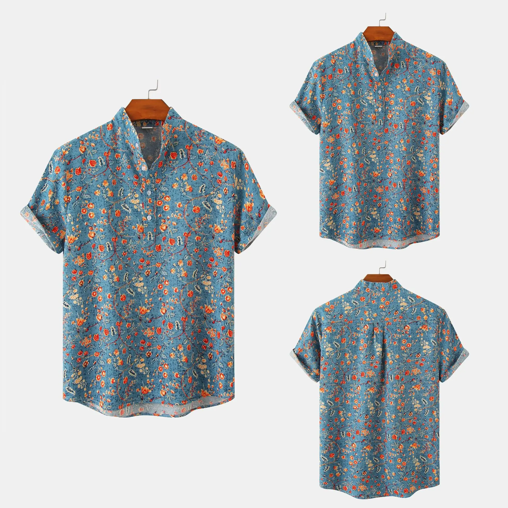 

Men's Short Sleeve Shirt Stand Collar Floral Print Casual Summer Fashion Loose Fit Regular Thickness Four Seasons Universal