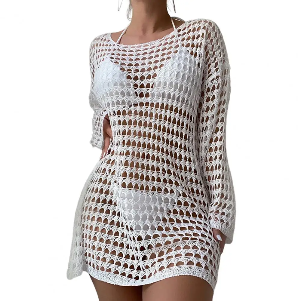 

Summer Sexy Bikini Cover Up O-neck Long Sleeve Crochet Beach See-through Hollow Swimsuit bathing suit women 2024