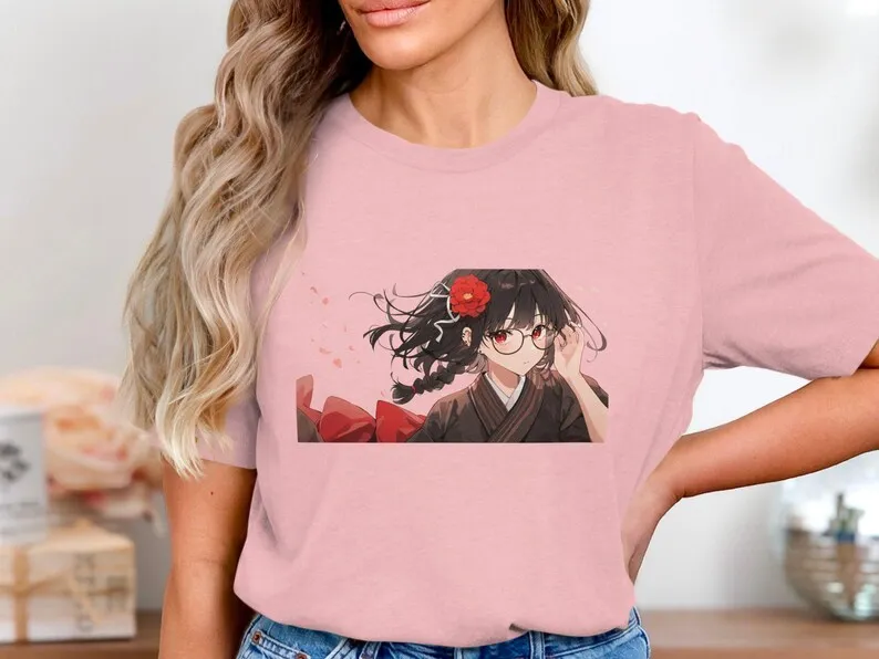 Anime Girl T-Shirt with Red Flower Glasses Black Hair Fast Shipping Japanese Style Cute Manga Art