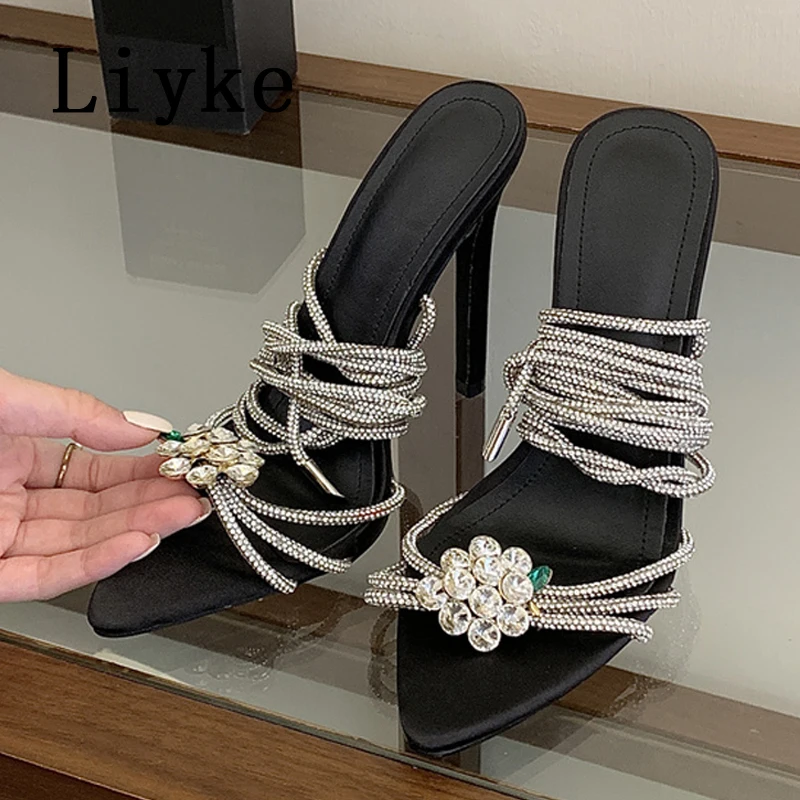 Liyke Designer High Heels Sandal Women Summer Fashion Crystal Rhinestone Narrow Band Ankle Strap Party Dress Shoes Ladies Sandal