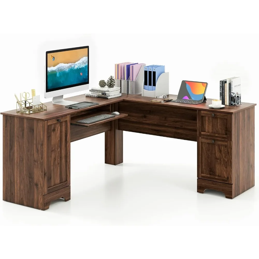 

L-Shaped Office Desk with Storage Drawers & Keyboard Tray, Home Office Corner Computer Desk with Cabinet