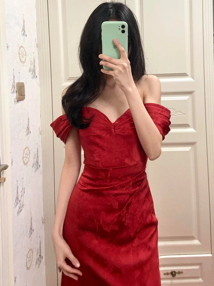 

Красное свадебное платье на одно плечо для подружки невесты, длинное вечернее платье в корейском стиле, платье-русалка для молодых женщин