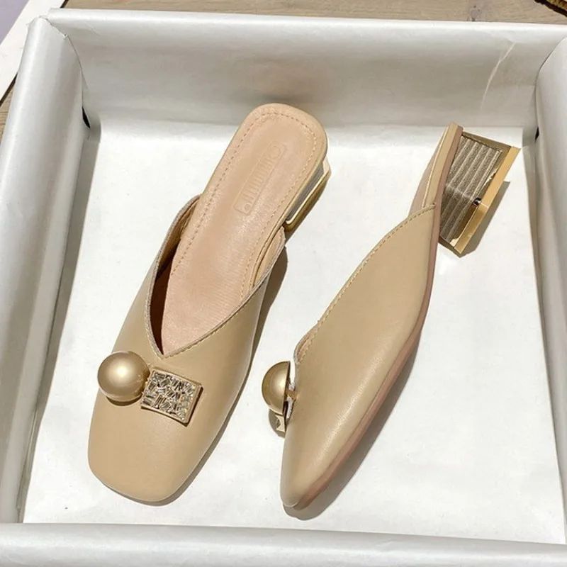 Casa mules sapatos trabalho em casa fora chinelos femininos e senhoras sandálias slides damasco salto baixo h sandália novo estilo na promoção i