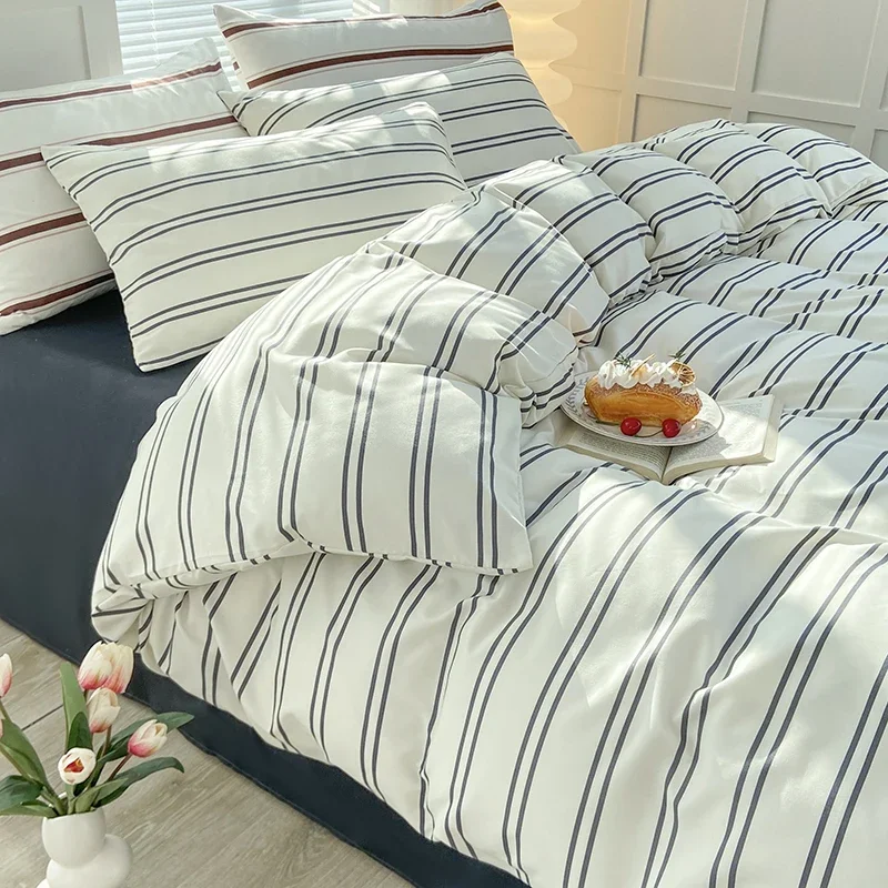 Striped Duvet Cover Queen Beige Reversible Bedding Set Blue Stripes Pattern Comforter Covers with Zipper Closure for Women Men