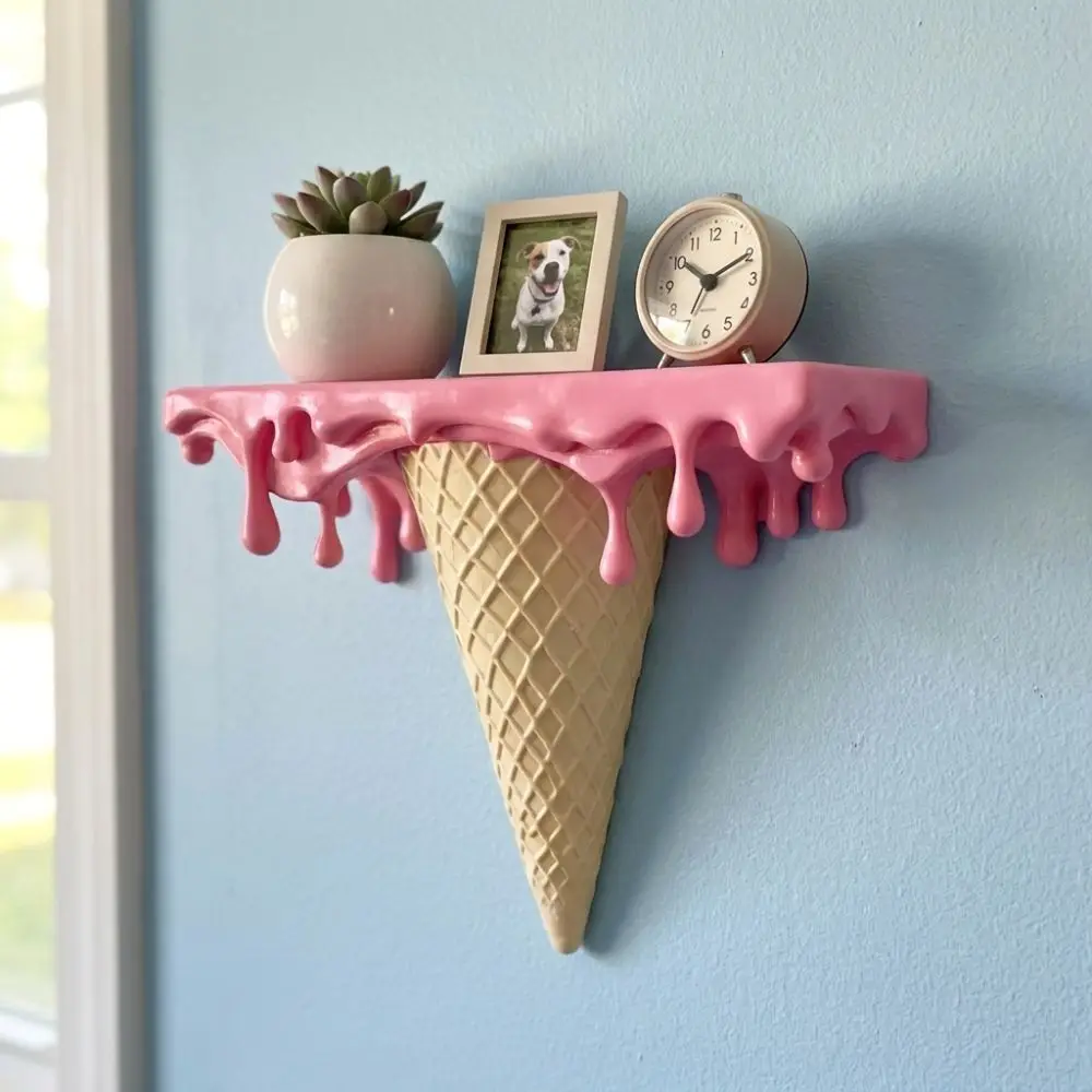3D Printed Melting Ice Cream Floating Wall Shelf Plastic Stable Waffle Cone Display Stand Funny Wall-Mounted Wall Storage Rack