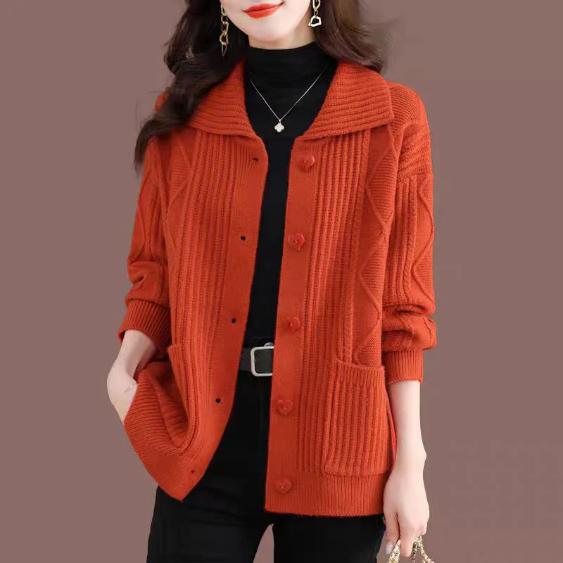 Autumn Winter Solid Chic Button Turn-down Collar Sweater Coat Women Fashion Elegant Commute Wool Knitted Cardigan