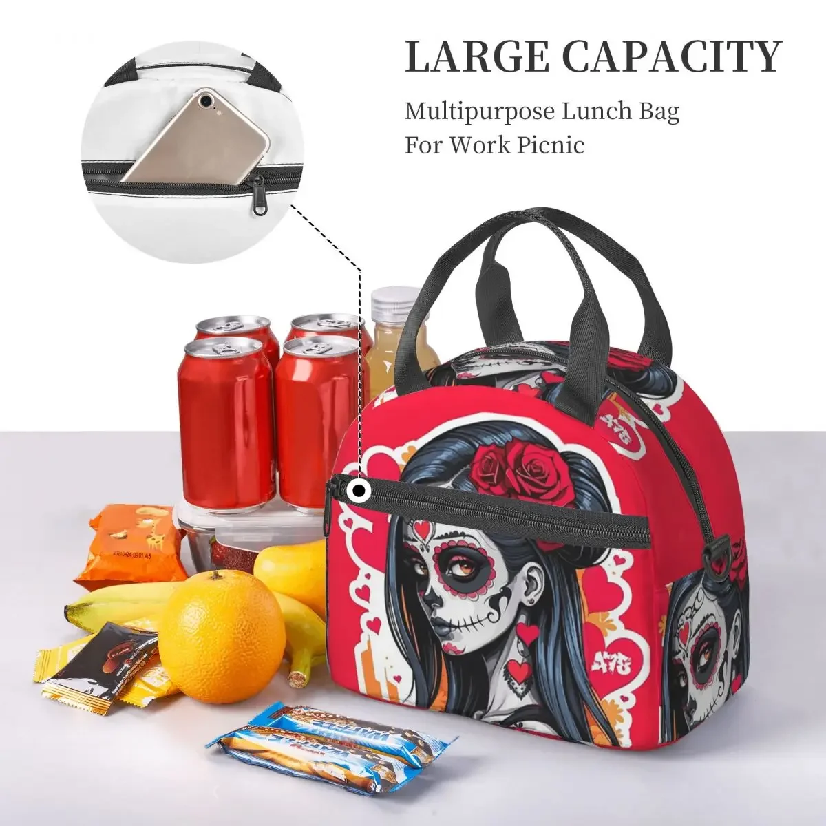 Alexander Gothic Las Elegantes Girls Day Of Dead Skull Borse per il pranzo Bento Box Lunch Tote Borse da picnic Borsa termica per lavoro donna