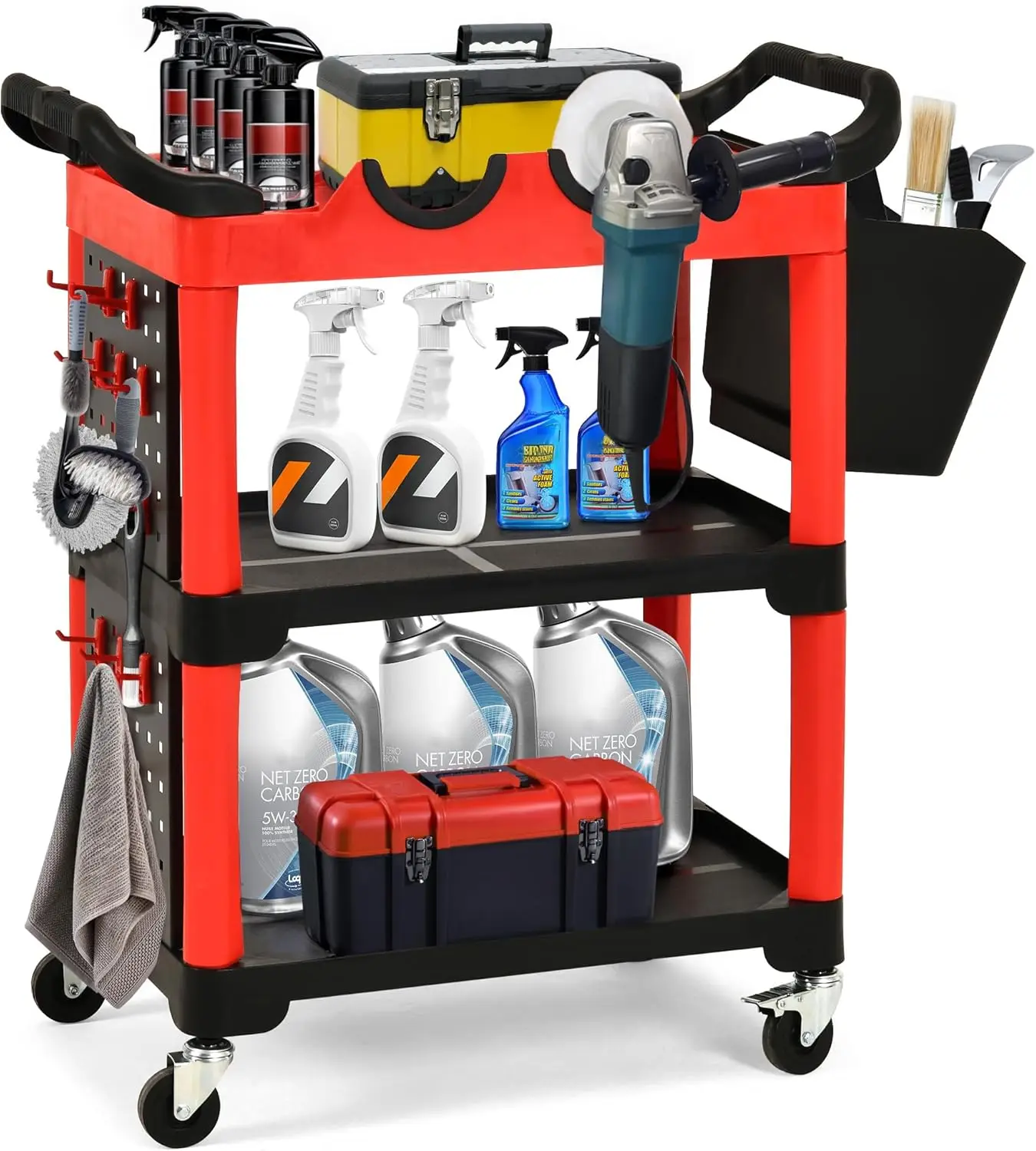 Auto Detailing Cart with Wheels, 3 Tier Rolling Detail Cart with 2 Polisher Brackets, Car Wash Organizer Cart with 2 Hanging Pla