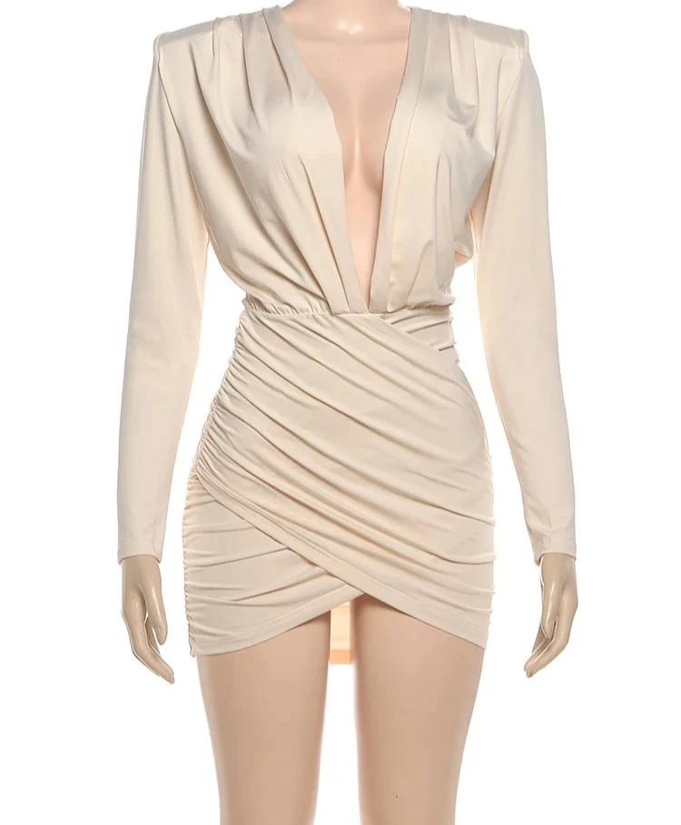 Diepe V-hals Jurk Dames Sexy Schouder Gewatteerde Ruches Elegante Klassieke Effen Perzik Hip Stretch Skinny Office Bodycon