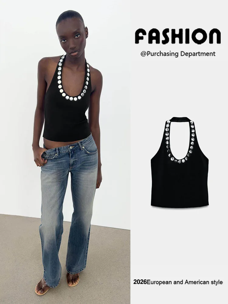 

Fashionable Backless Rivet Decorated Collarless Women's Top New Summer Arrival Versatile Style round Neck Short Length Sleeve...