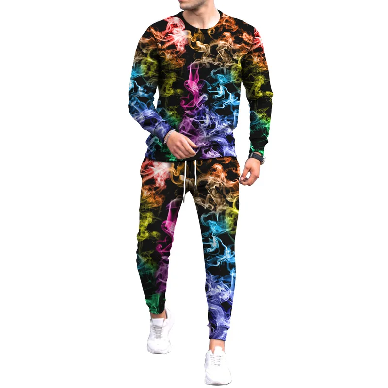 Fashion Color Graffiti 3D Print Men\'s Sportswear Set Long-Sleeved T Shirt Pants 2-Piece Set Oversized Pullover Men Clothing