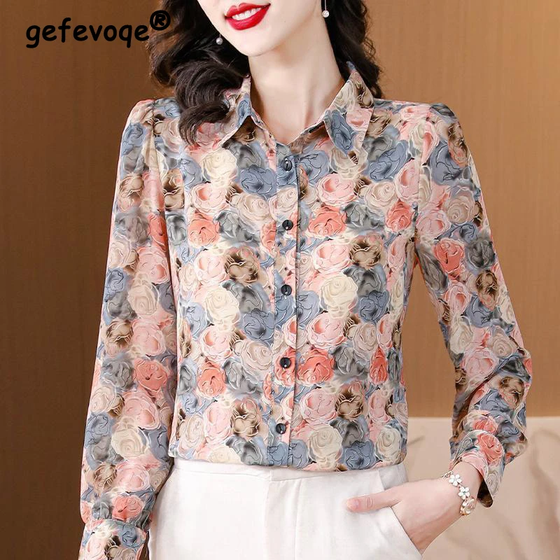 Women Stylish Vintage Floral Print Button Up Shirt Spring Autumn Lapel Temperament Elegant Blouses Casual Long Sleeve Loose Tops