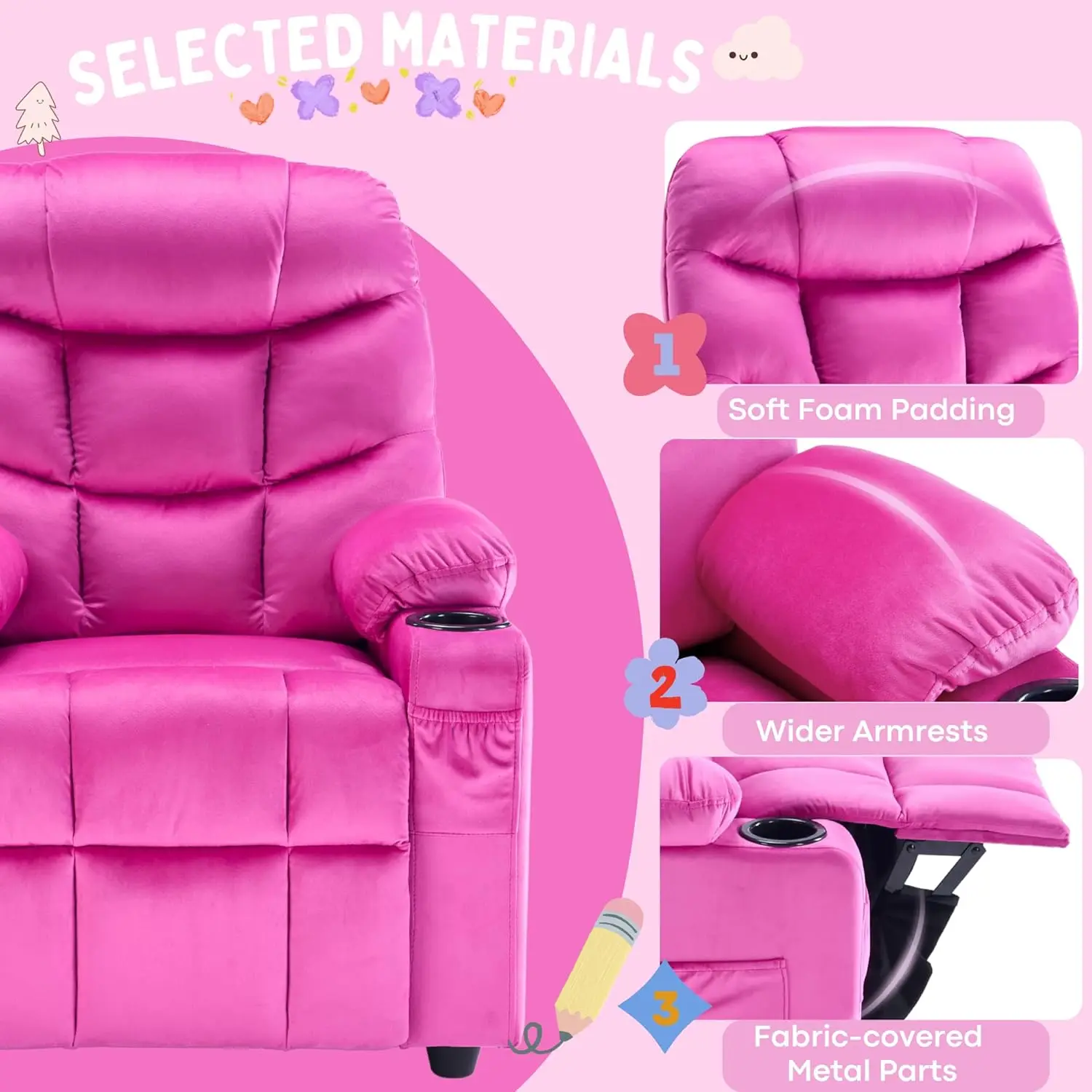 Sedia reclinabile Donut per bambini con portabicchieri e tasche, velluto, dai 3 ai 12 anni