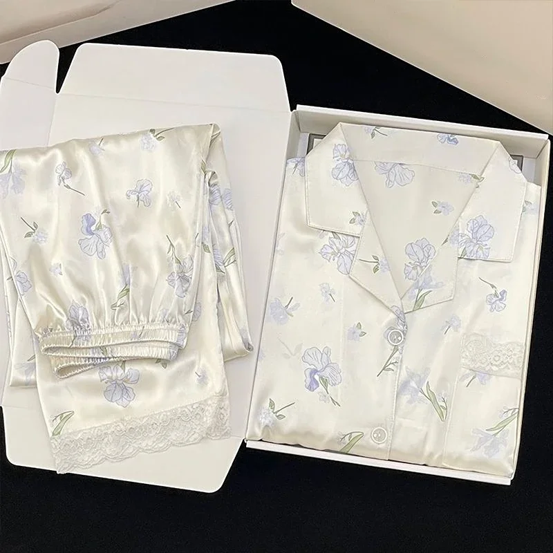 Light Blue Phalaenopsis Flower Print Women's Pajamas French Elegant Fresh Fashion Lounges 2025 New Simulated Silk Lady Sleepwear