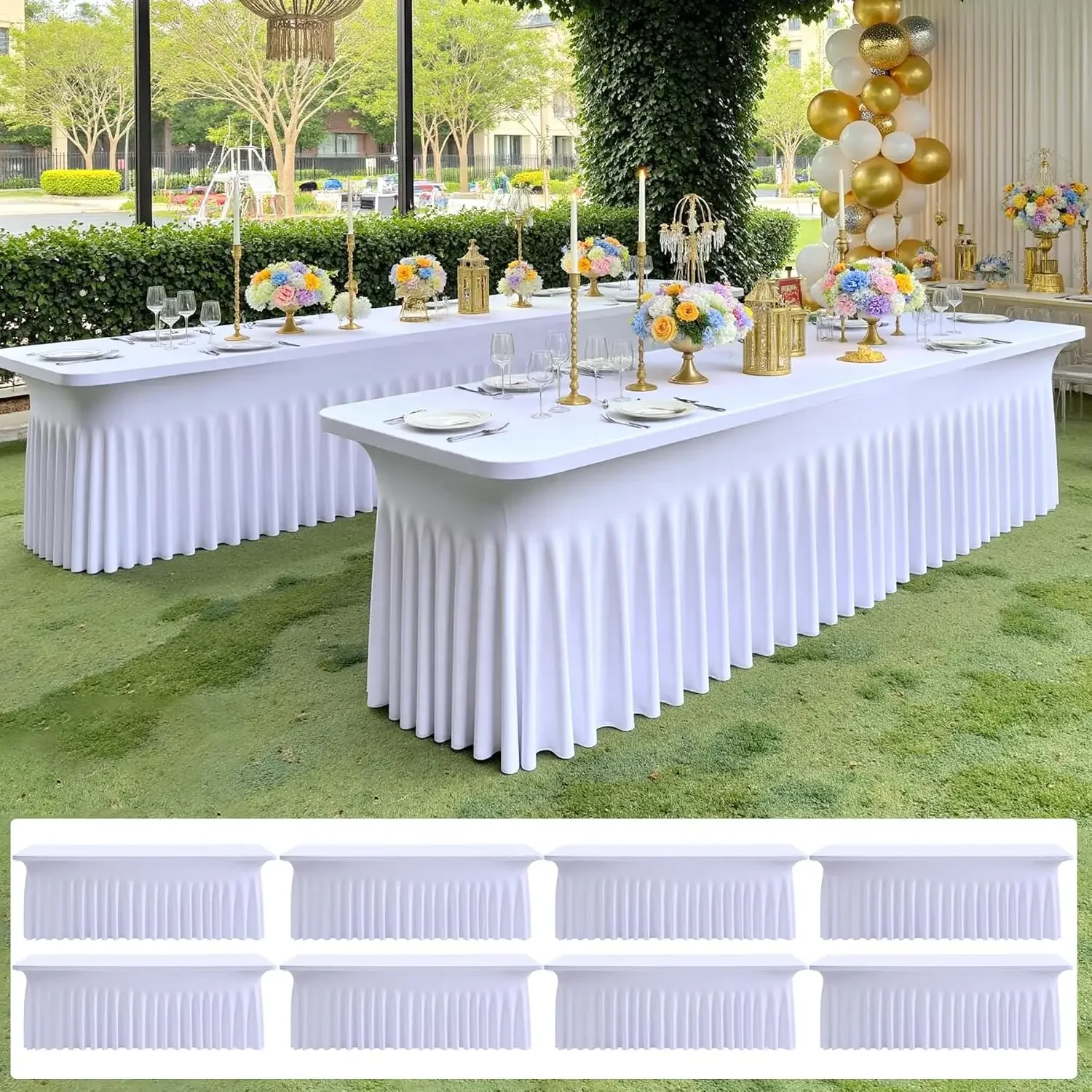 8 pk White Spandex Tablecloth 6ft, Wrinkle Free High Stretch Fitted Tablecloths for 6 Foot Rectangle Tables, Elastic Spandex Tab