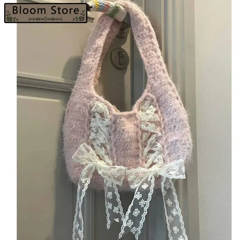 

Bloom Fairycore Pink Shoulder Bags Women Sweet Lace Bow Chic Knitted Female Vintage Cute Underarm Bag Handbag Aesthetic