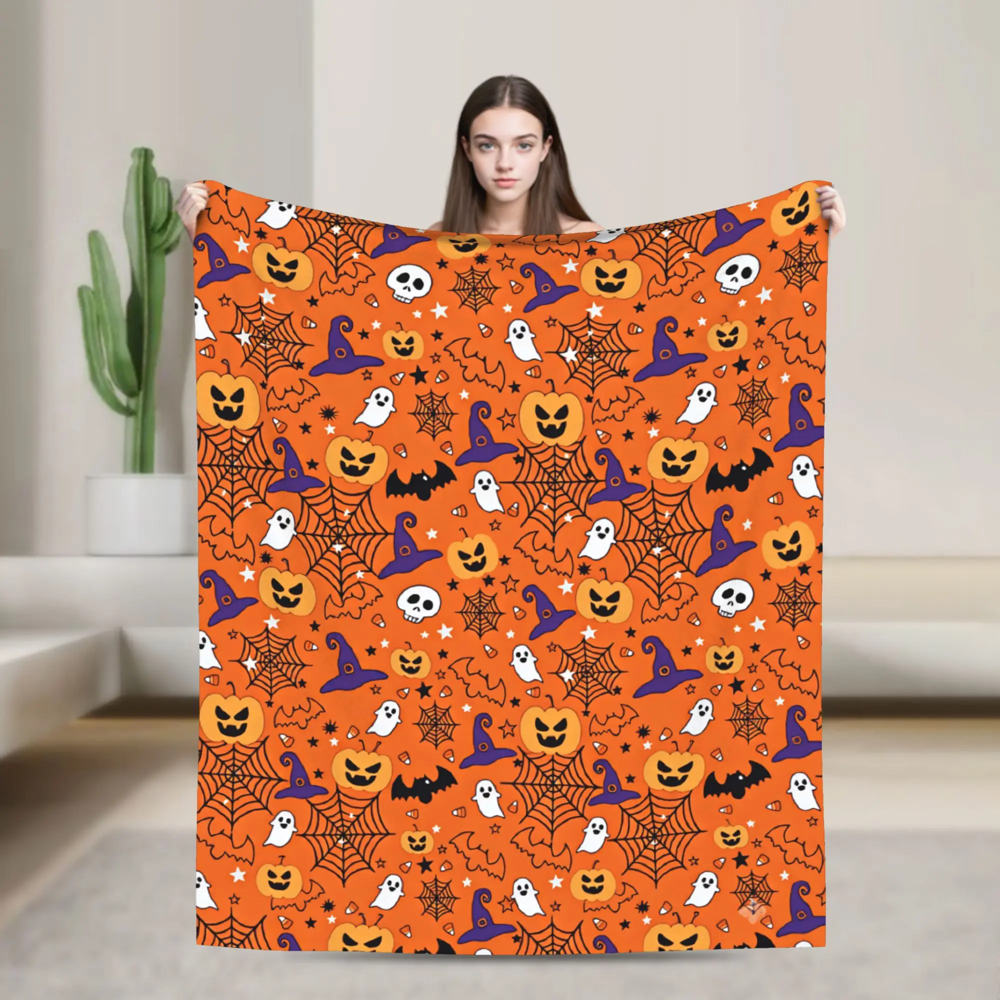 Halloween Pumpkin Ghost Witch Hat Skull Spider Web Seamless Pattern Super Soft Blankets For Living Room  Pattern Throw Blanket