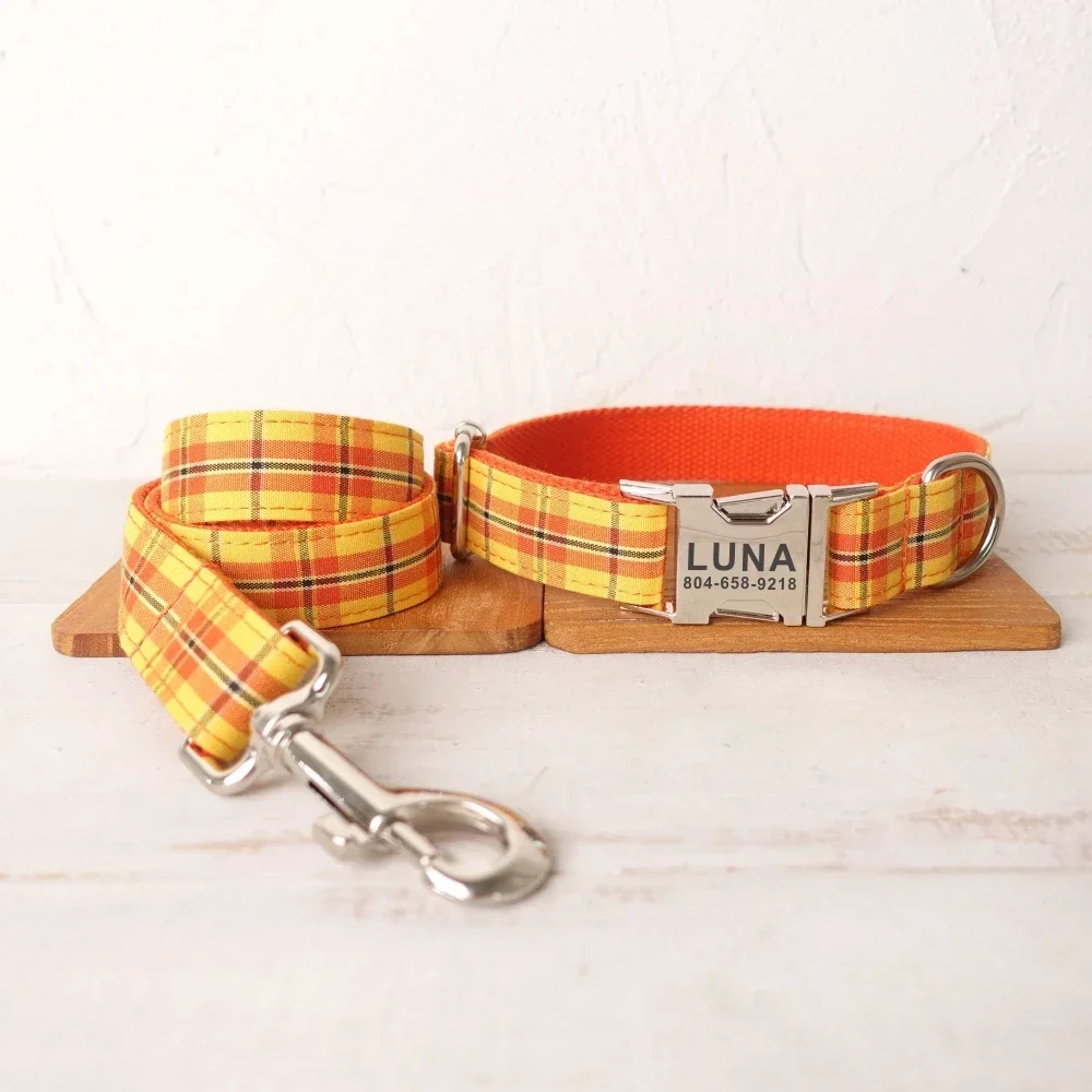 Personalized Dog Collar with Free Engraving, Matching Pet Leash,Customzied Contacts Metal Buckle,Cheese Plaid Pet Collar