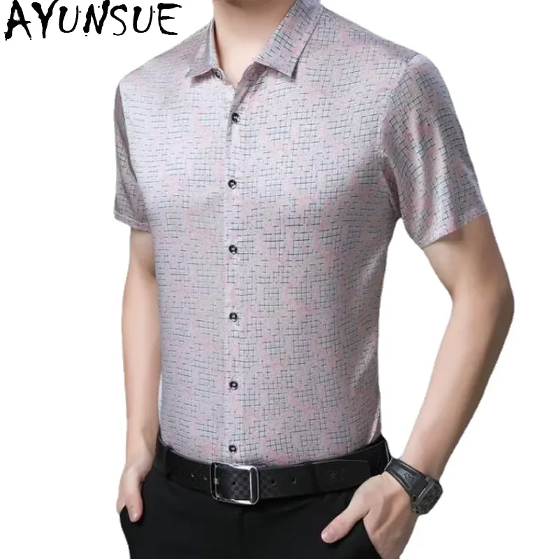 

AYUNSUE 92%Mulberry Real Silk Short Sleeve Shirt for Men's Silk Satin Top Shirt Casual Summer Shirt Men's Clothing Chemise Homme