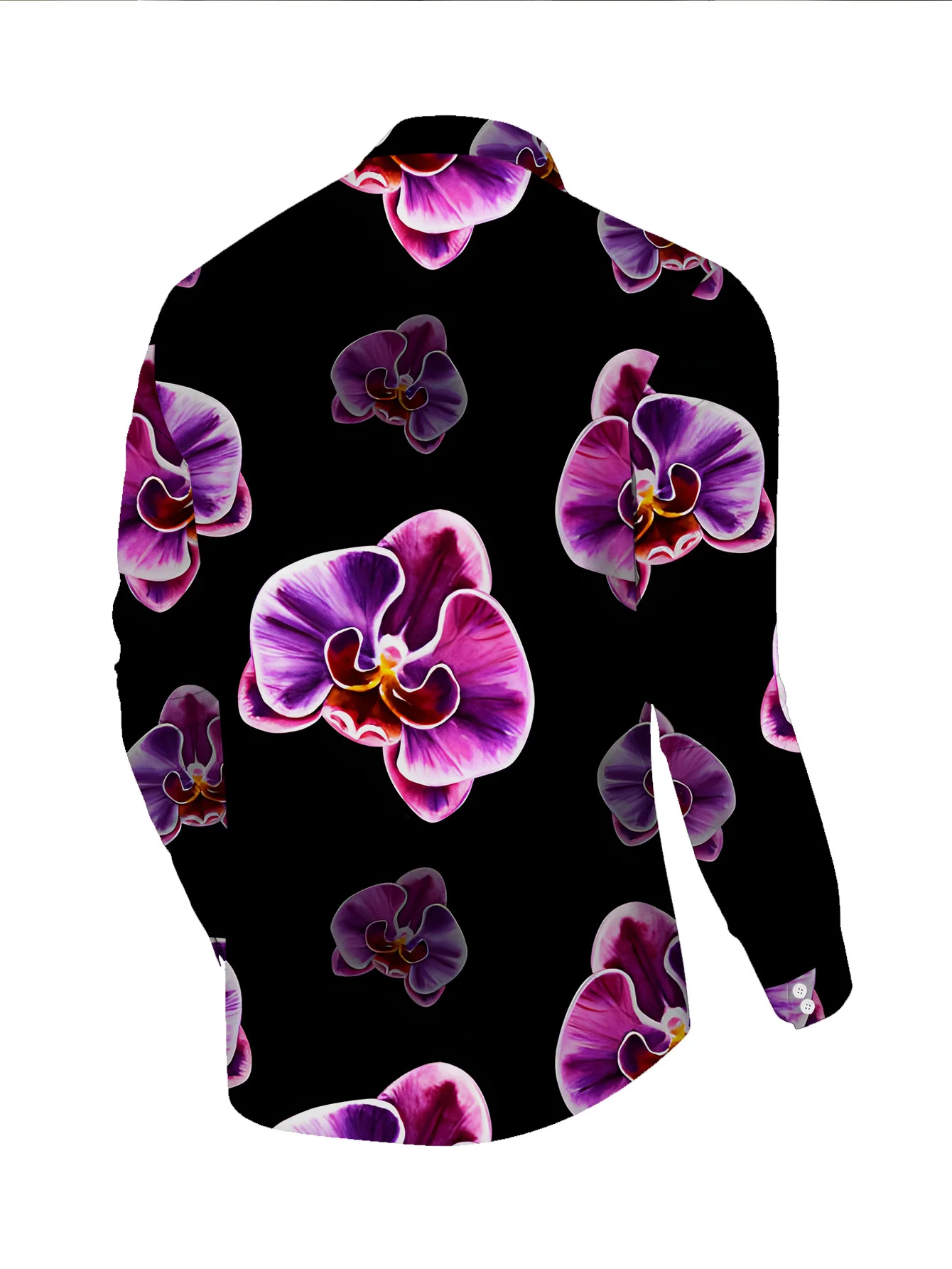 Men Long Sleeve Button Down Shirt Black Purple Orchid Floral Print Polyester Mandarin Collar Party Casual