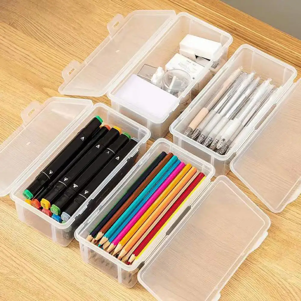 Stackable Pencil Storage Box Transparent Stationery Storage Box Pen Holder Simple Clear Student Desktop Snap-on Lid Pen Case