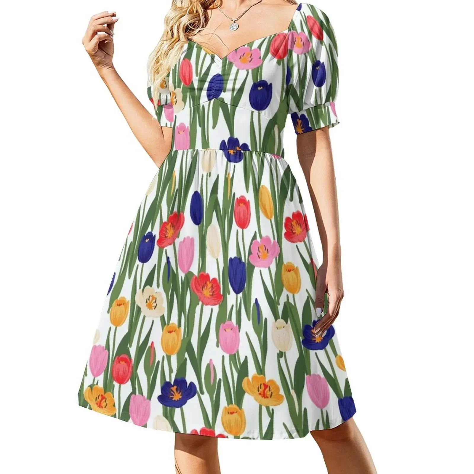 

Colorful tulips and flower buds pattern Short-Sleeved Dress fairy dress women's elegant loose dresses Evening gown Dress