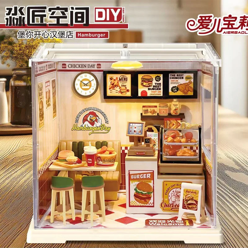 DIY hut assembly model milk tea shop kitchen burger micro scene building block gift