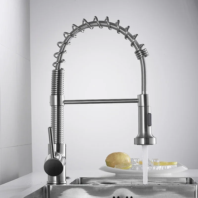 Spring Pull Out Kitchen Faucet  Nickel Pull Down Kitchen Sink Faucet luxury Hot & Cold Total Brass Kitchen Mixer tap