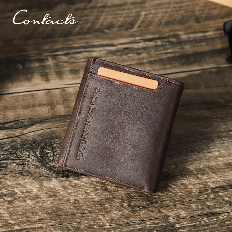 

CONTACT'S Genuine Leather Retro Short Wallets for Men RFID Trifold Card Holders Zipper Coin Purses Money Clips Male Mini Wallets