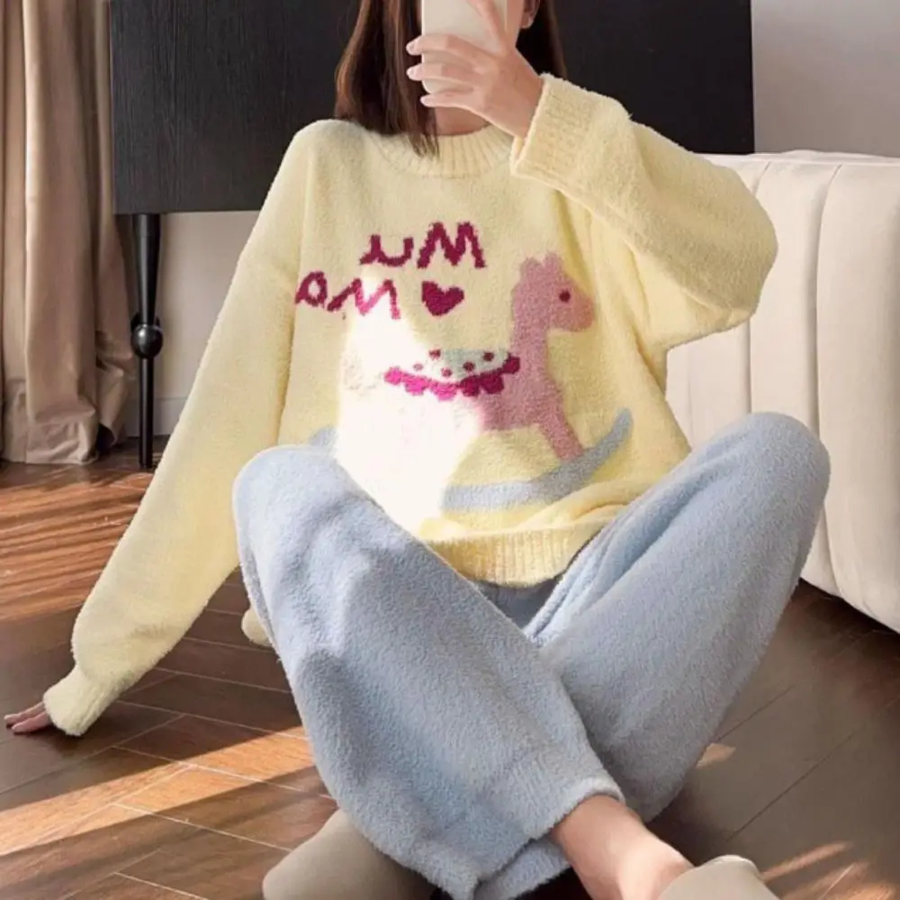 

Sweet Horse Fleece Pajamas Set Long Sleeve Kawaii Cartoon Pajamas Suit Duck Rabbit Home Wear Thicken Warm Sleepwear Girl