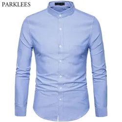 Oxford Katoenen Shirt Mannen 2022 Lente Casual Slim Fit Stand Kraag Heren Dress Shirts Lange Mouwen Effen Chemise Homme Army groen