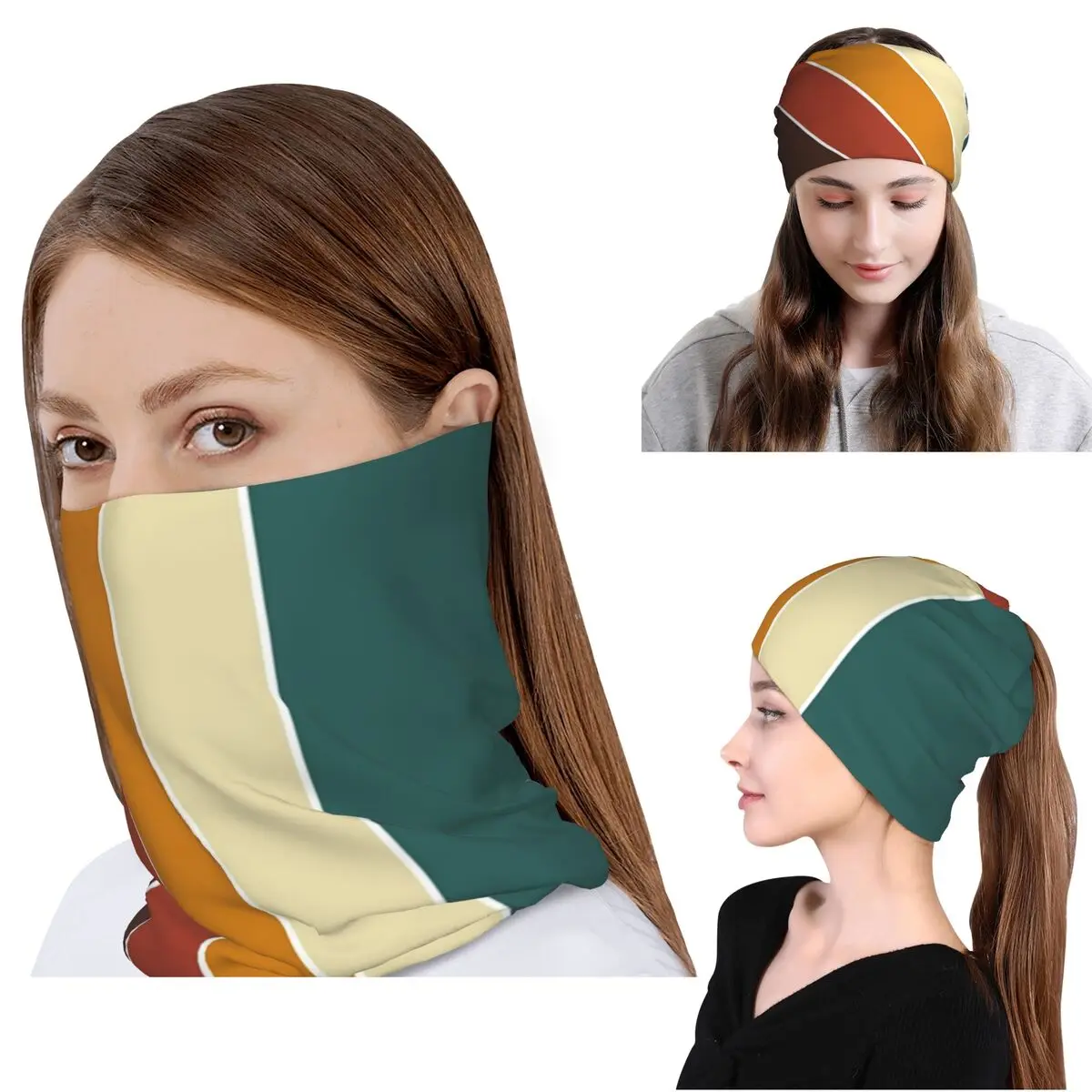 

Iconic 70s Nordic Stripes In Fall Colors Bandana Neck Cover Wrap Scarf Multifunction Face Mask Beanies Hat for Adult Washable