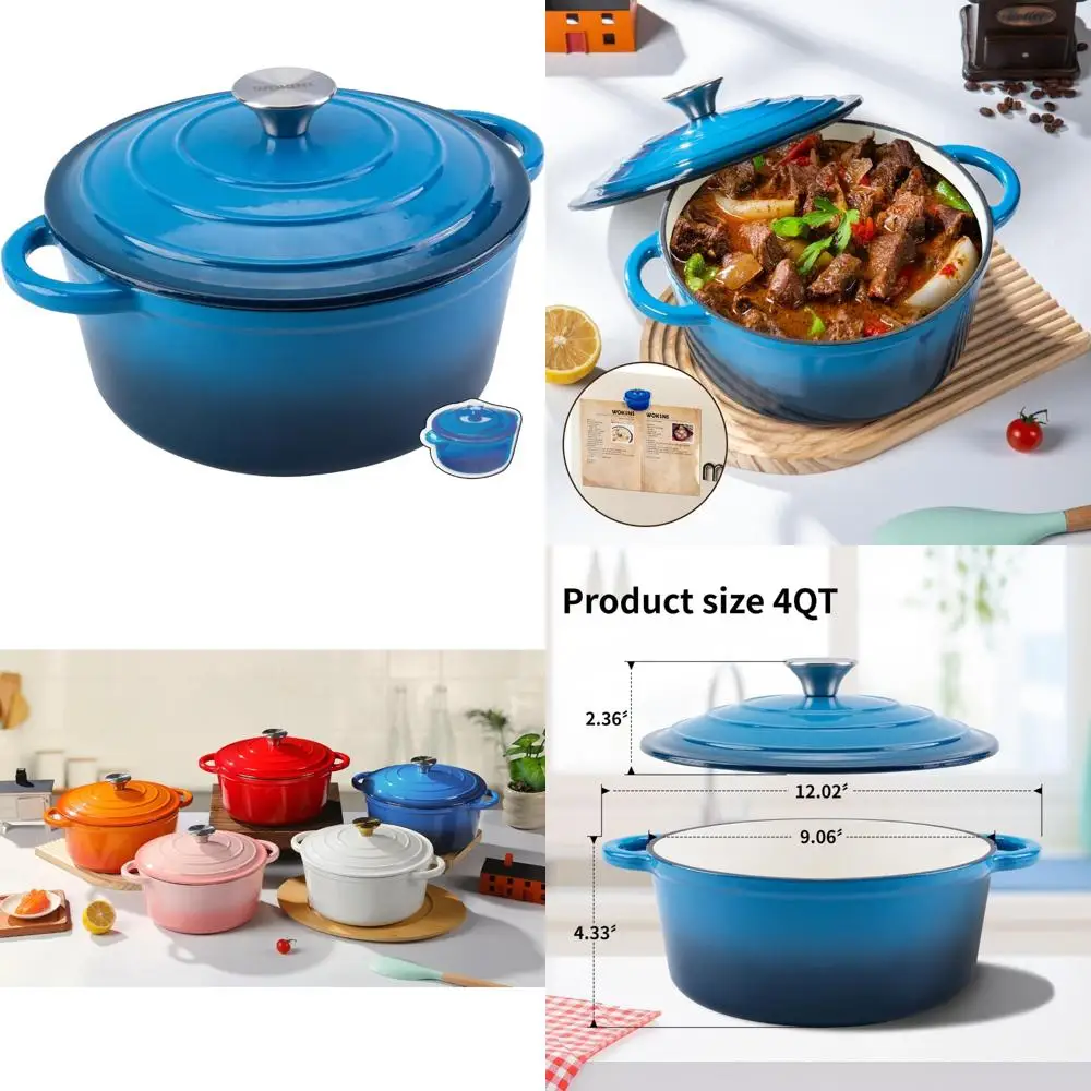 

Сверхмощный чугунный голландский горшок с синей эмалью 4QT с крышкой для выпечки хлеба, тушения, раковины и обжарки