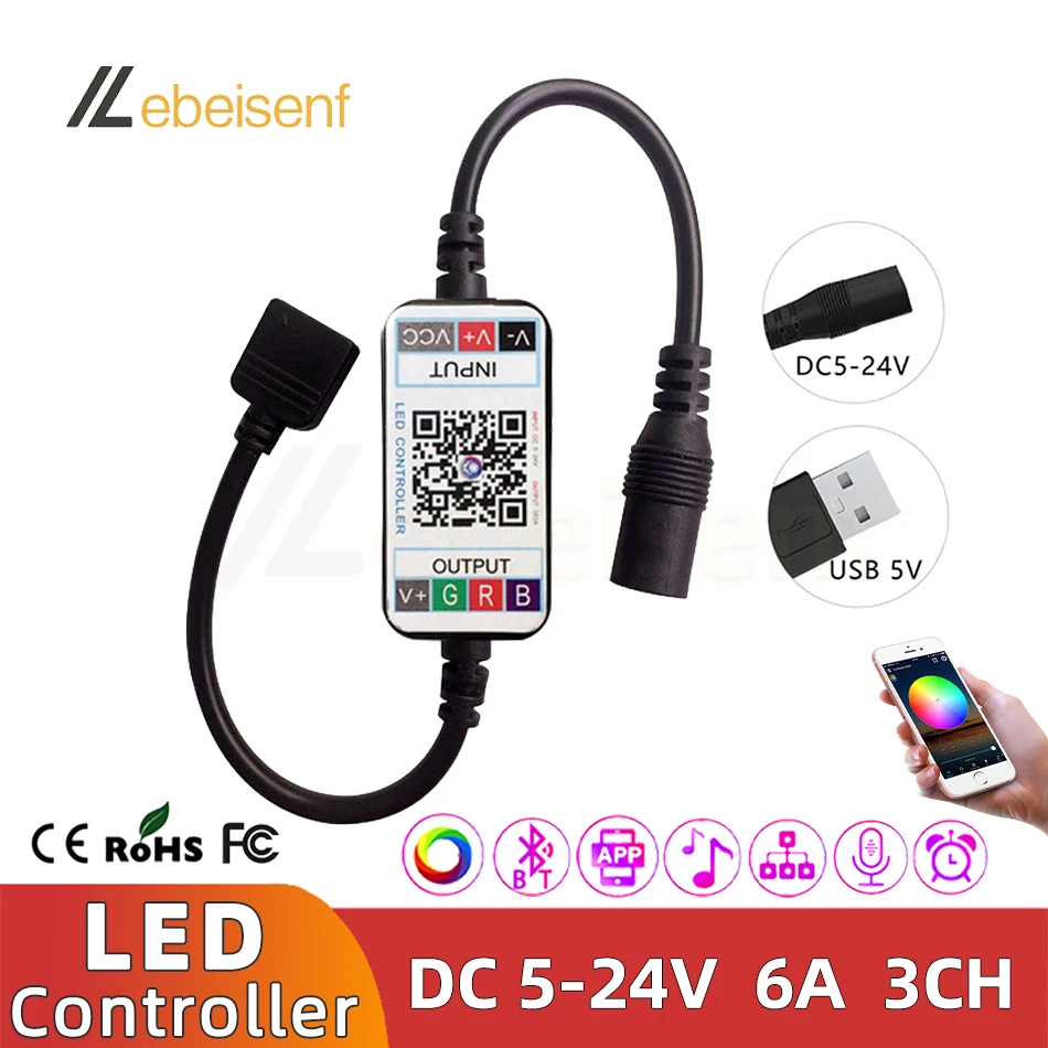 Mini inteligentny kontroler RGB USB DC 5V 12V 24V 6A stałe napięcie PWM 3-kanałowy ściemniacz aplikacji Bluetooth dla 50502835   Taśmy LED