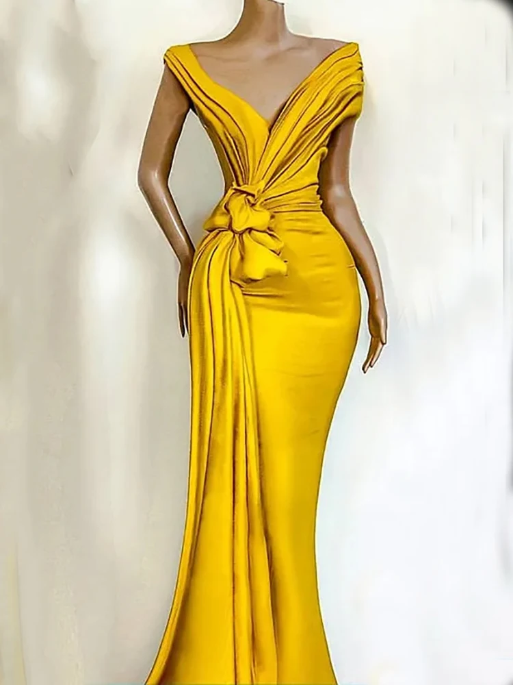 Vestido Formal con hombros descubiertos y cuello en V para mujer, traje femenino de corte sirena anudada, color amarillo, a la moda, ideal para fiesta de graduación y boda, 2023