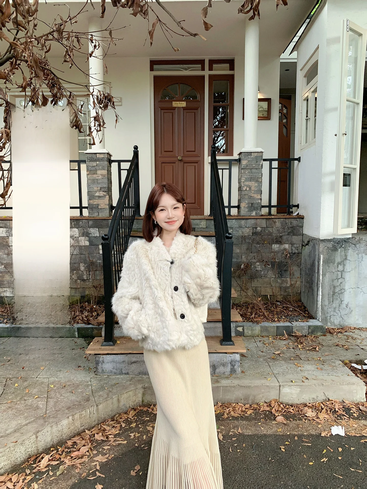 

Autumn Winter Warm Faux Fur ort Coat Women's Stand Fit Long Sve Top with Single Button French Sle Versatile Outerwear