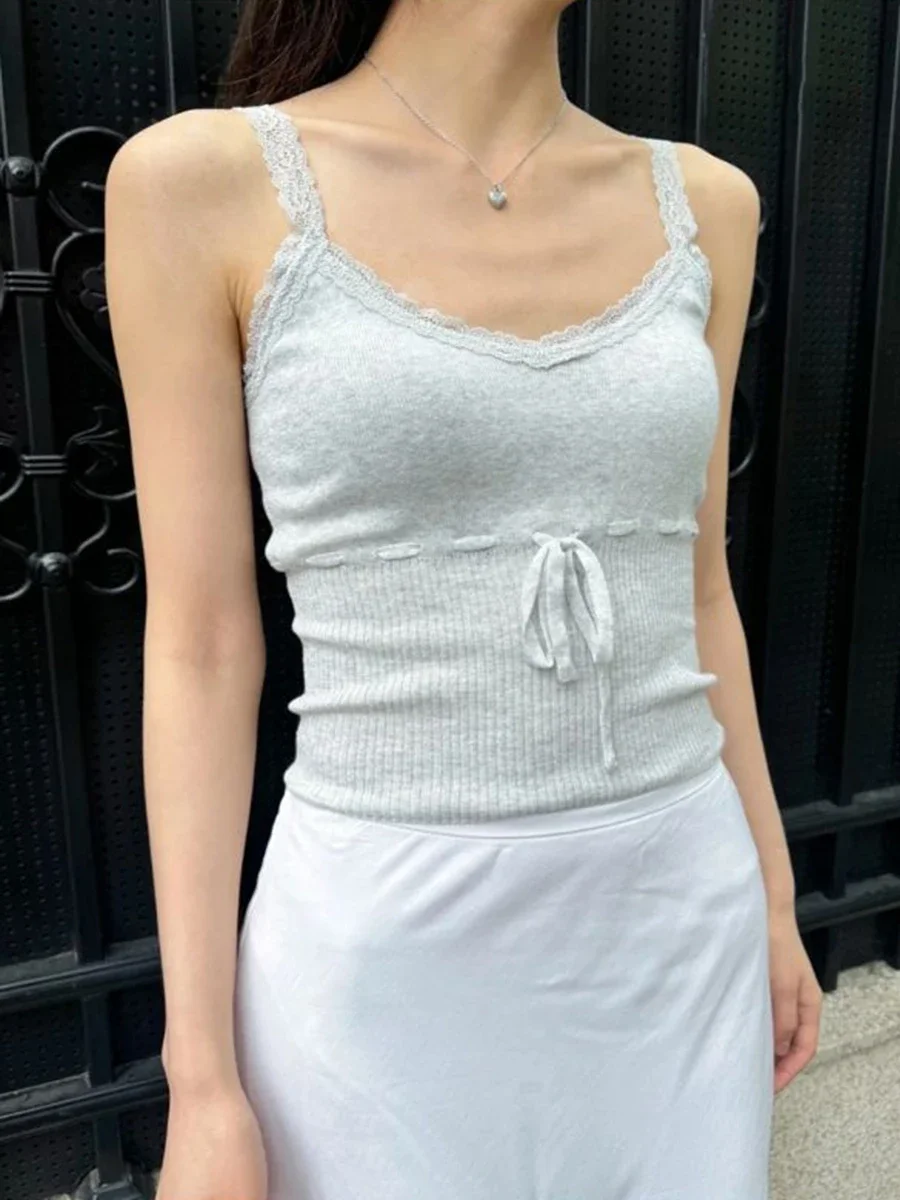 Woman Drawstring Knitted Cropped Tank Top Sleeveless Lace Trim Thin Vest 2024 Summer Female Sweet Simple Basic Crop Tops Y2k