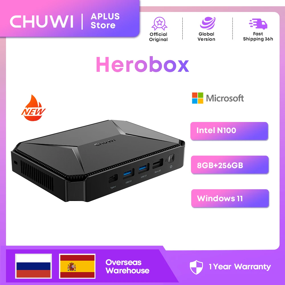 

CHUWI Herobox Mini PC Intel 12th Gen N100 Quad Core 8GB RAM 256G SSD WiFi 6 BT5.2 Gigabit Ethernet VESA Up to 2TB SSD Windows 11