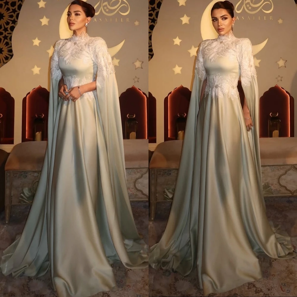 فستان سهرة أنيق مخصص بياقة عالية وأكمام قصيرة على شكل حرف A، فساتين مناسبة مخصصة للحفلات الراقصة الحديثة