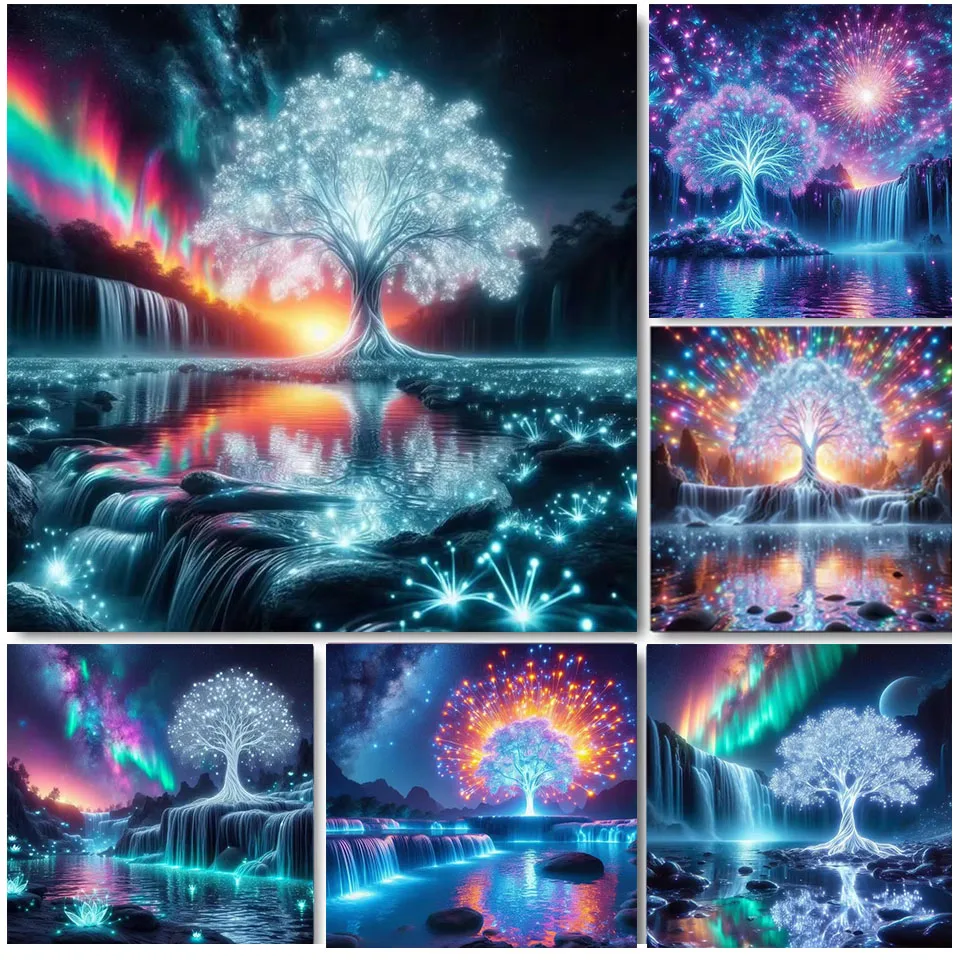 Diy Алмазная картина Волшебное белое Древо Жизни Полная дрель Мозаика 5d Вышивка Фэнтези Аврора Водопад Дерево Пейзаж Декор