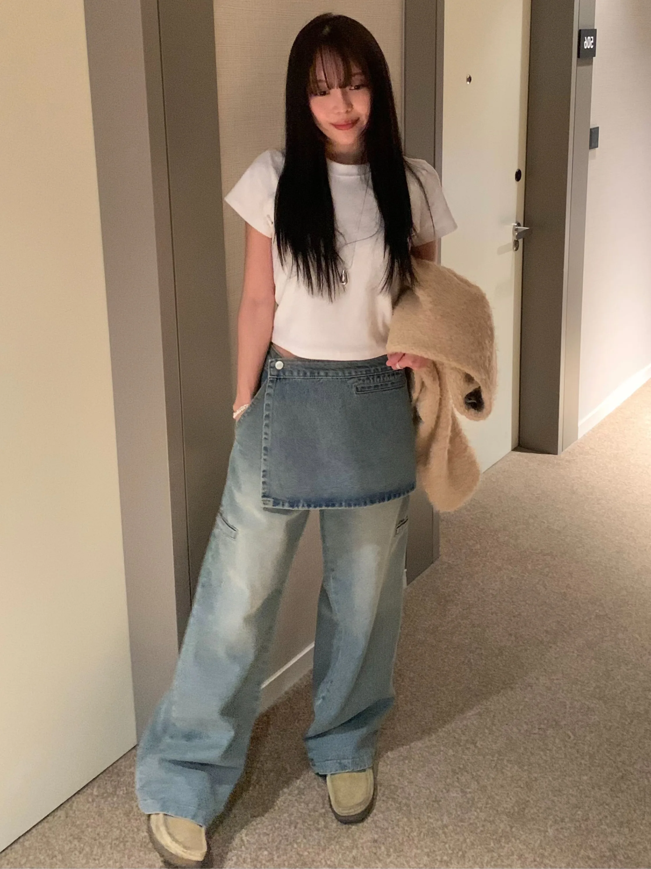 

Waed Vintage Loose Straight Leg Jeans Women's Design Sensation Detachable Waist Seal Butt Curtain Set Trendy