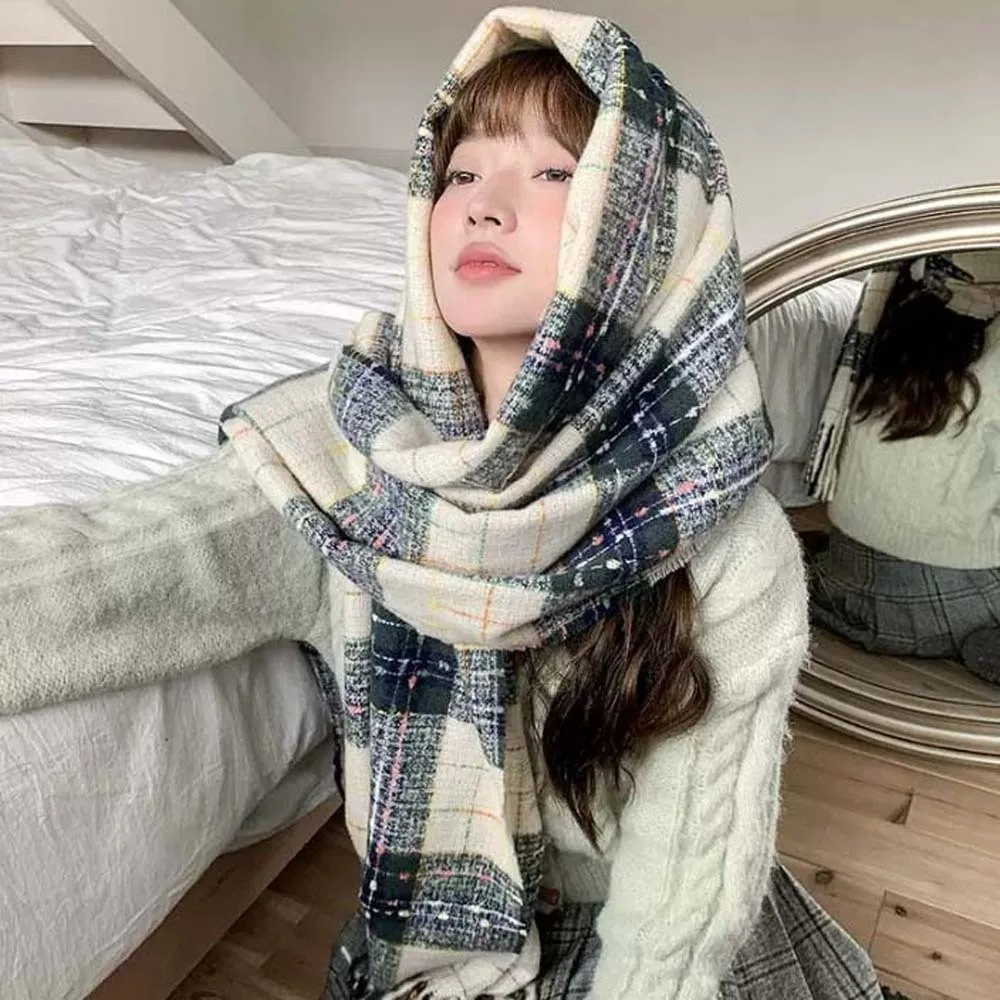 

Мягкий мягкий клетчатый вязаный шарф, морозостойкий корейский стиль, длинный шейный платок с кисточками, полиэстер, однотонный женский утолщенный шарф, весенний