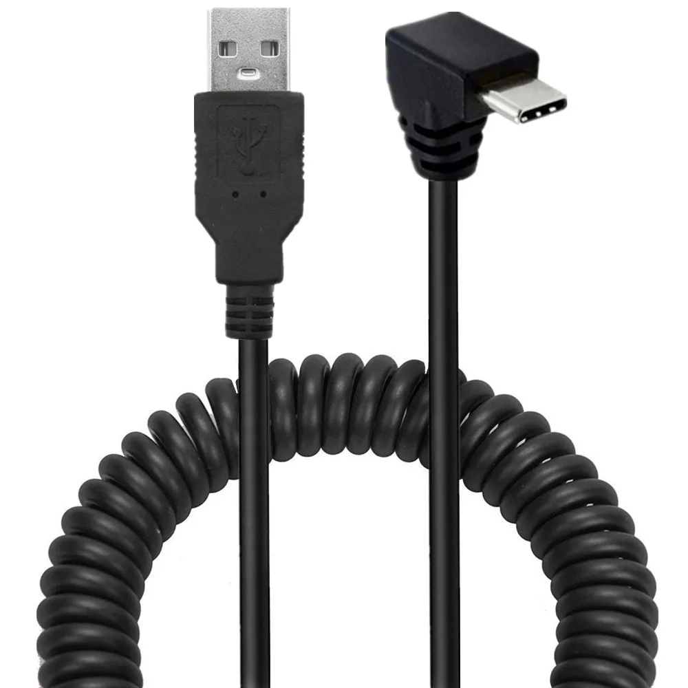 USB 2.0 Male to USB3.1 Type-c 90 Degree Angled Male Spring Coiled Data charging Cable