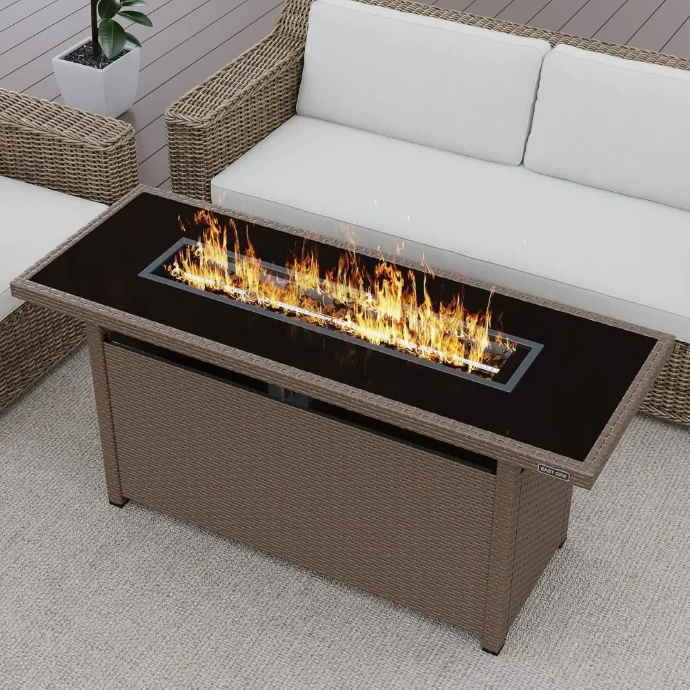 

57" Gas Fire Pit Table with 9.2lb Glass Stone & Removable Lid，60,000 BTU Fire Pit W/Tempered Glass Desktop，Patio Fire Table