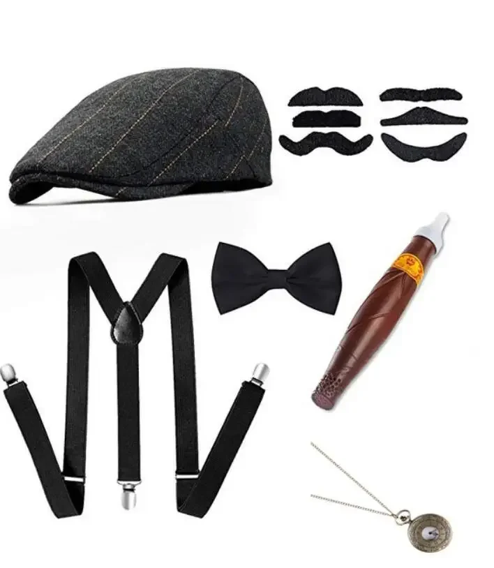 Men's 1920s 20s Gatsby Costume Accessories Set - Gangster Party Props including Beret Cigar Suspender Pocket Watch